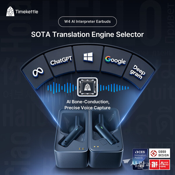 Timekettle W4 AI Interpreter Earbuds showcased with the SOTA Translation Engine Selector and AI Bone-Conduction technology, highlighting its advanced translation capabilities and design excellence